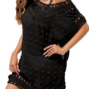 Womens Beach Cover Up Chiffon Crochet Dress with Pompom Fringe One Size